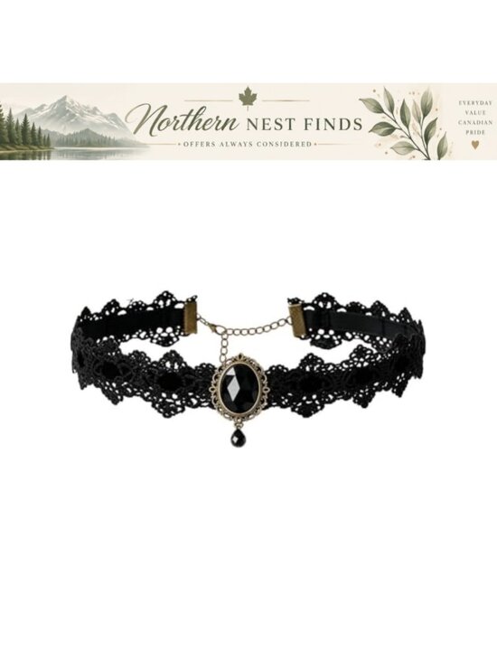 Jewelry - Gothic Lace Choker Necklace with Oval Black Rhinestone, Adjustable Lobster Clasp